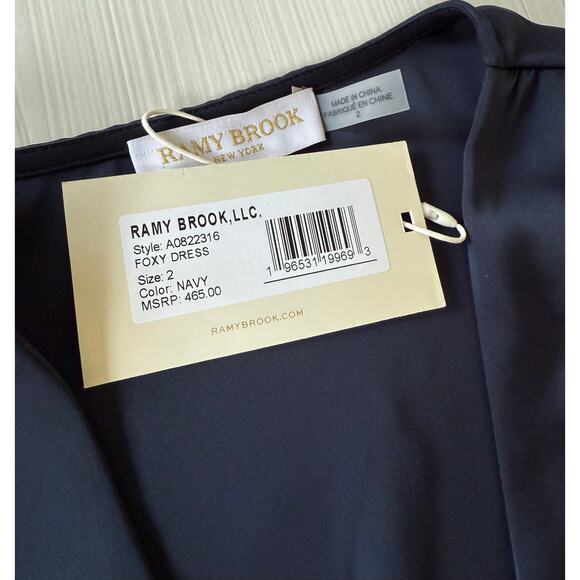 Ramy Brook NWT Foxy Blue Satin Ruched V-Neck Mini Dress Long Sleeve Size 2 - Picture 9 of 13